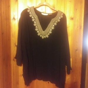 Cathy Daniels 3/4 Sleeve Crinkled Rayon Embroidery Jewel Neck